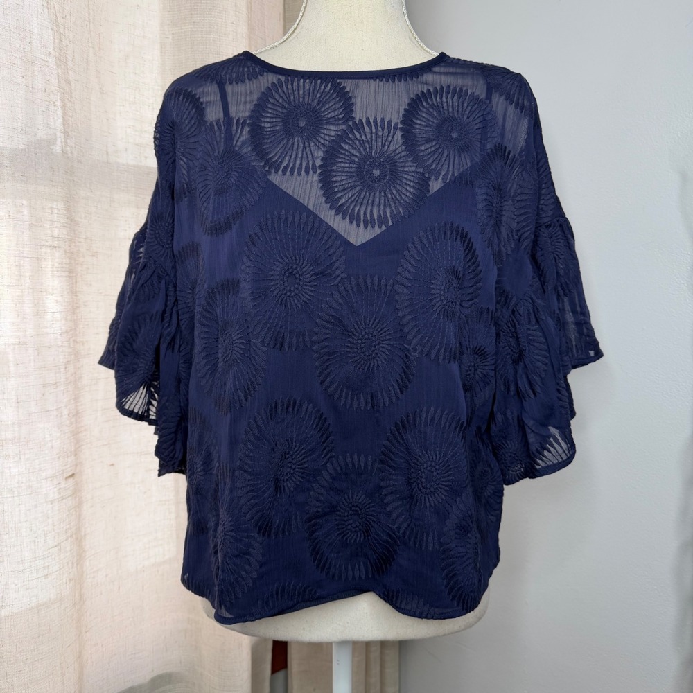 NWT Brionni Ted Baker Embroidered Flutter Sleeve Top Navy Blue Size 3 US 8 M